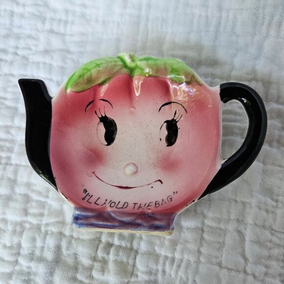 Vintage 40s 50s Tea Bag Holder Anthropomorphic Face Tea Pot “I'll hold the bag” - Picture 1 of 6
